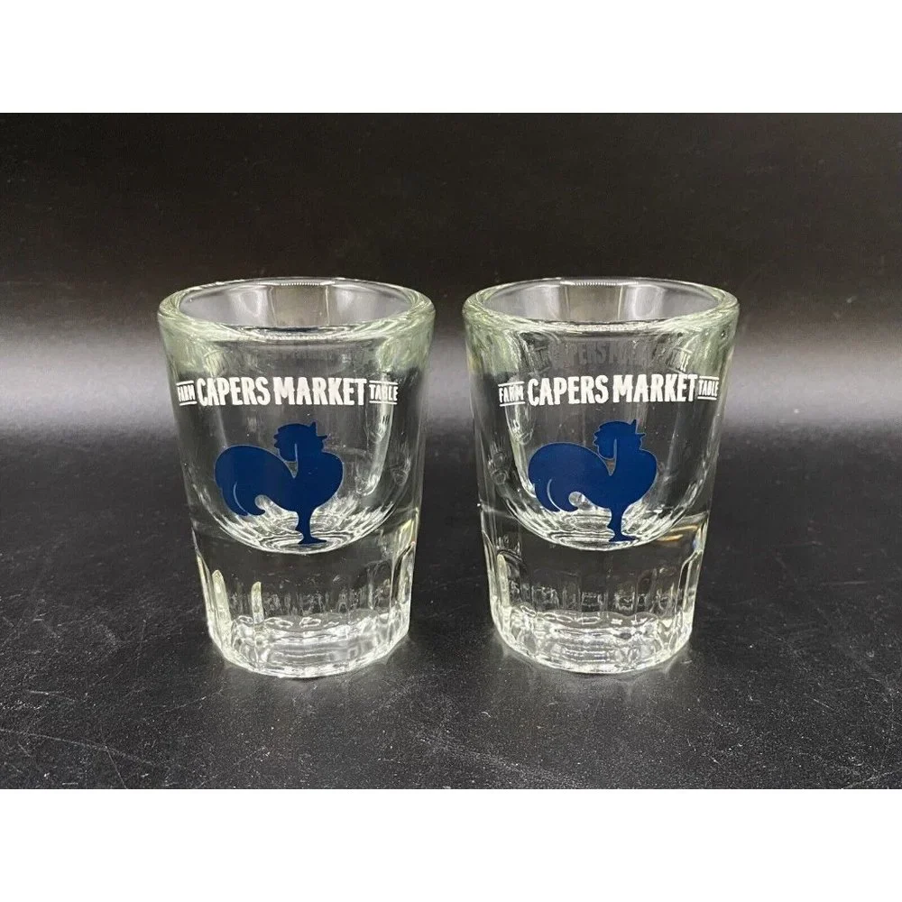 Capers Farm to Table Market Portland Shot Glass LOT 2 Shot Glasses Blue Rooster